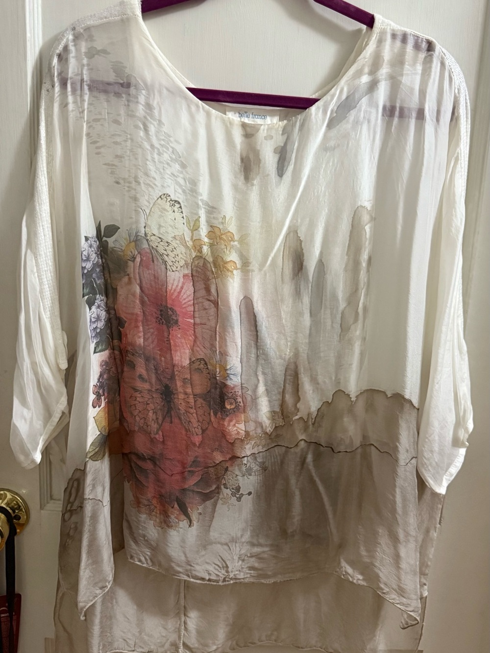Belle France Floral Silk Women’s Blouse with Cami & Sequins Size M
